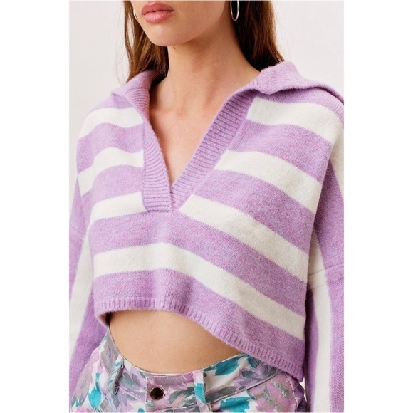 NWT LOVE LEMONS 90s Lavender Stripe V-Neck Oversized Soft Knit Cropped Sweater M - Picture 8 of 15